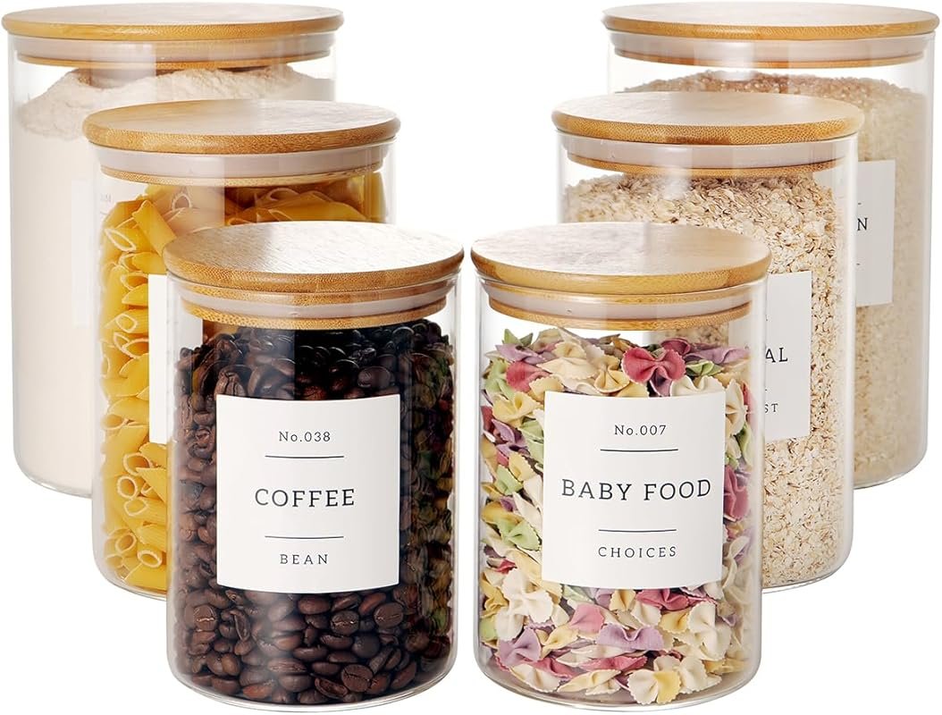 CZZGSM 6-Pack Large Glass Jars with Bamboo Lids & 132 Labels for Flour