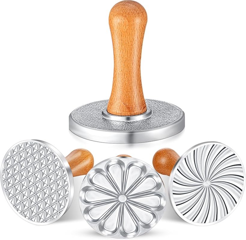 Wenqik 3 Pcs Round Metal Cookie Press with Wooden Handle, Cute DIY Bak