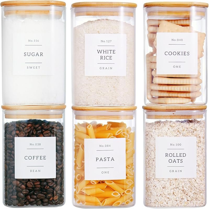 CZZGSM 6 Pack Square Kitchen Storage Jars with Bamboo Lids & 132 Label
