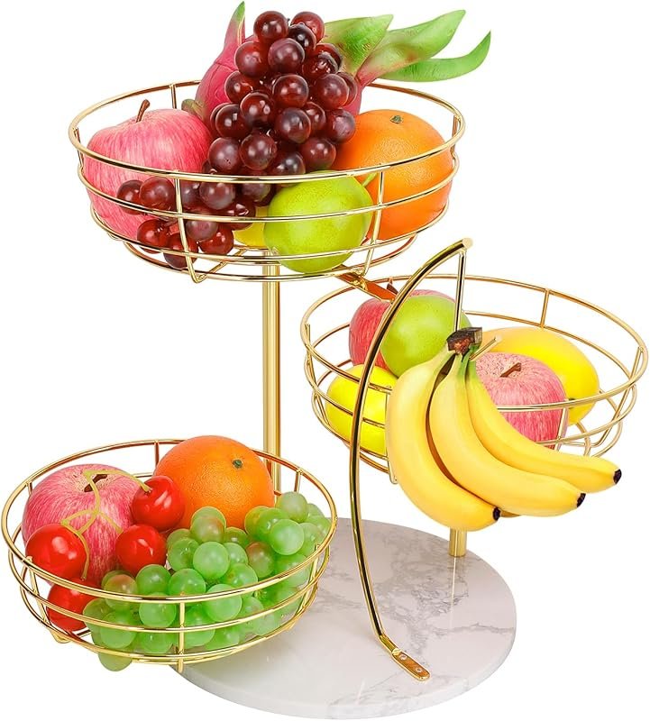 3-Tier Marble Base Fruit Basket with Banana Hanger – Gold Detachable O