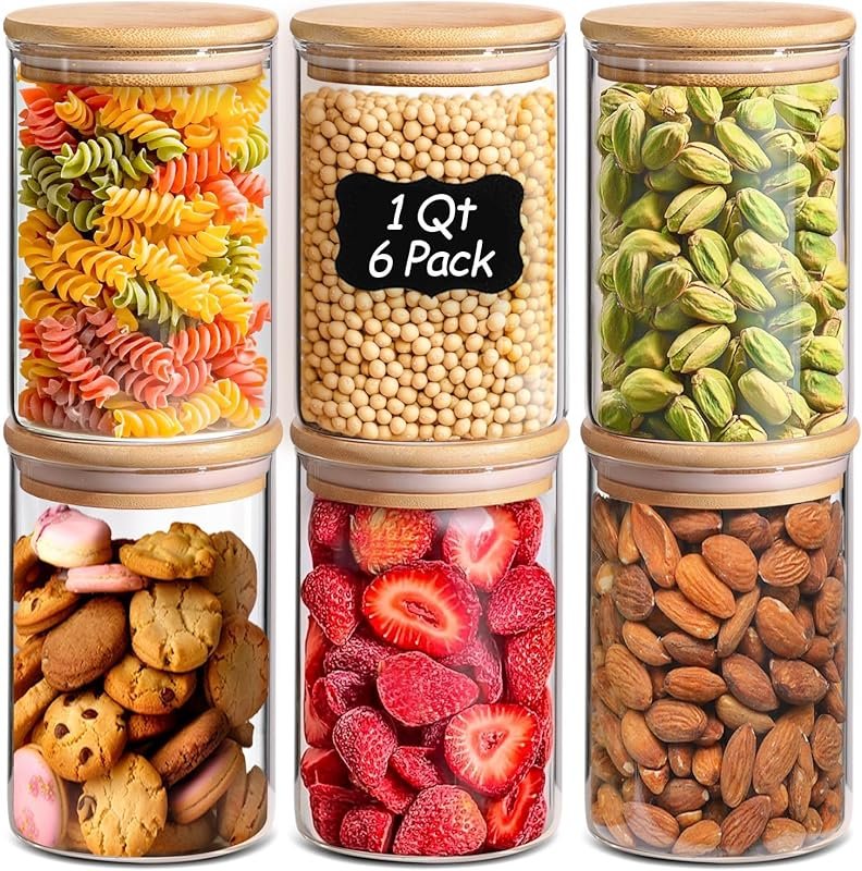 ComSaf 1 Qt Glass Storage Containers with Lids – Round Clear Food Jars