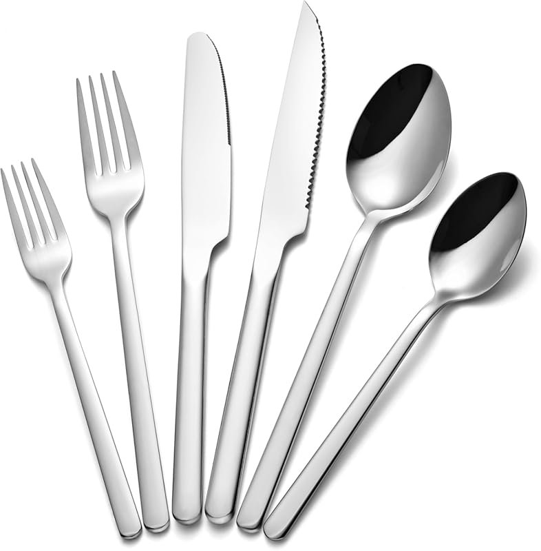 KINGSTONE 48-Piece Mirror Finish Stainless Steel Silverware Set for 8,
