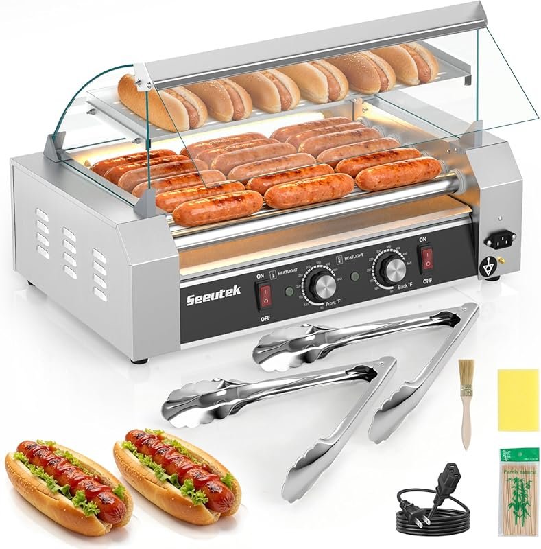 Seeutek 7-Roller Hot Dog Toaster, 1100W Stainless Steel with LED Light