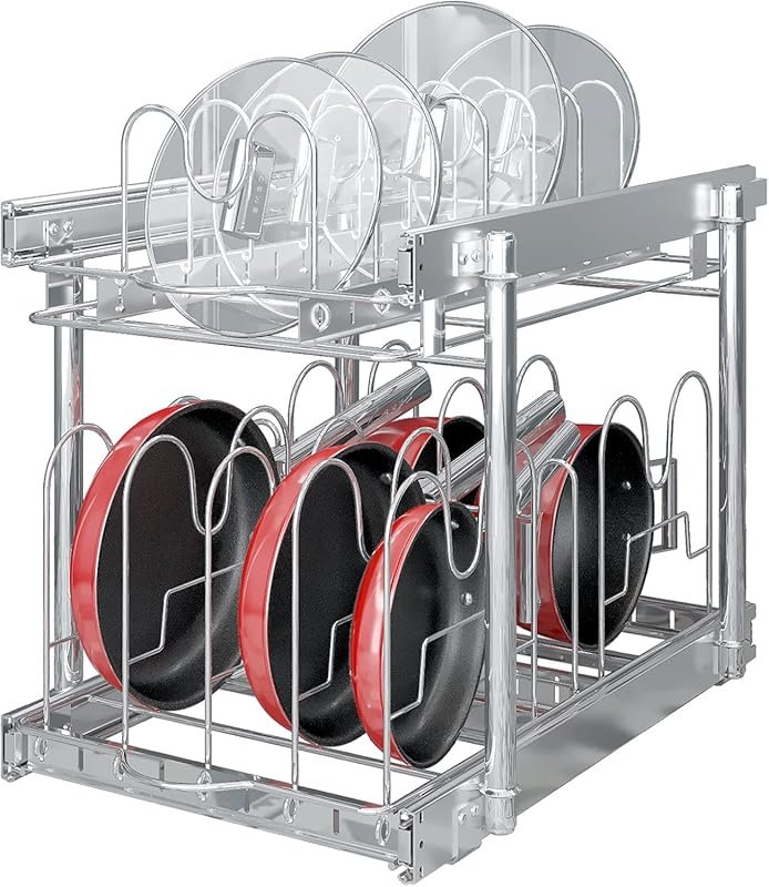 Full-extension slide-out cabinet organizer with adjustable dividers, f