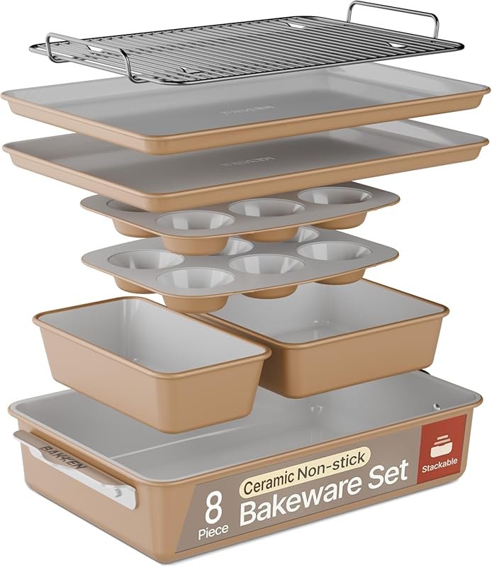 Bakken 8-Piece Stackable Ceramic Bakeware Set, PTFE/PFOA/PFOS Free, No