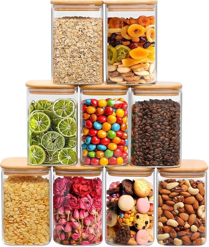ComSaf 9-Piece Square Glass Storage Containers with Lids, 1.2 Qt Jars 