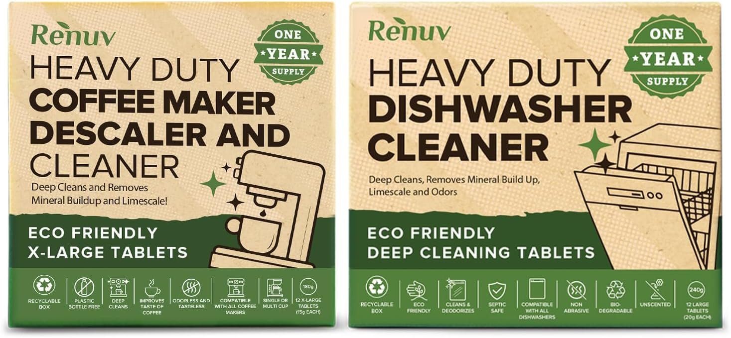 Renuv Coffee Maker & Dishwasher Descaler Cleaner Bundle for Hard Water