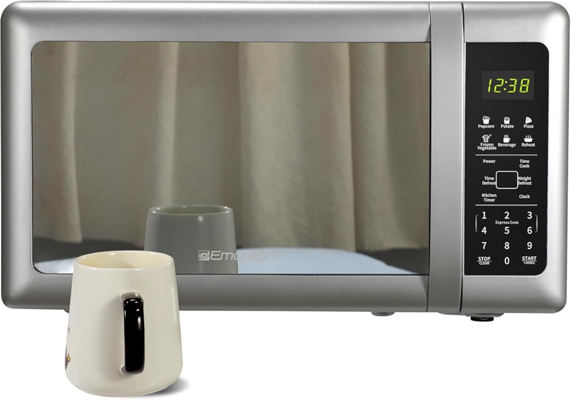 Emerson Countertop Microwave with Mirrored Glass Door, 700W, 6 Pre-Pro