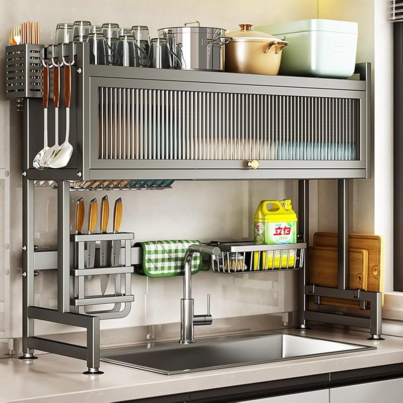 Hdrriozu 3-Tier Over Sink Dish Drying Rack with Cover, Space-Saving Or