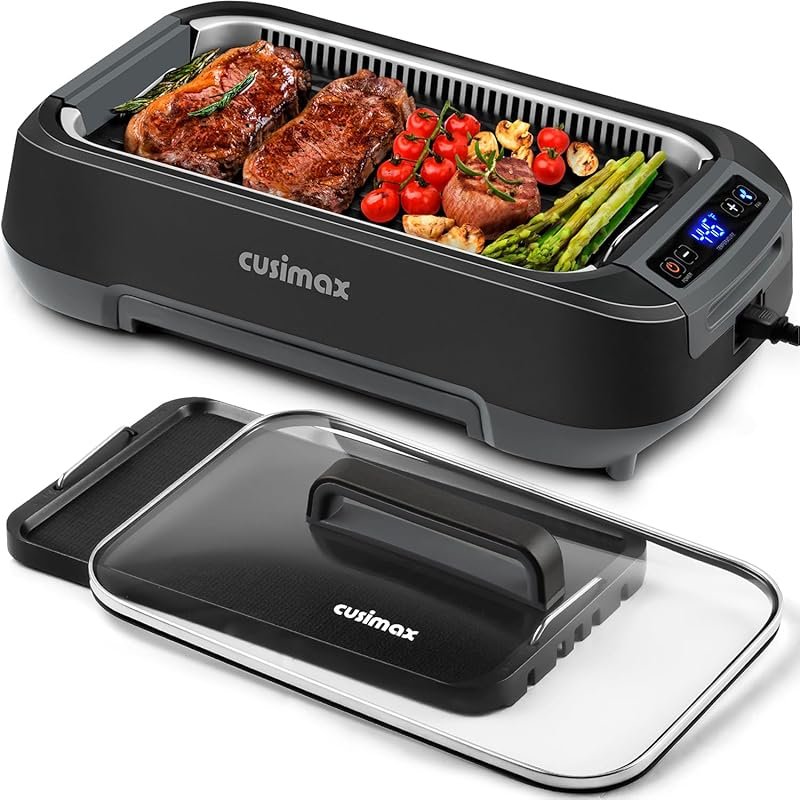 CUSIMAX Smokeless Indoor Grill with LED Display, Tempered Glass Lid & 
