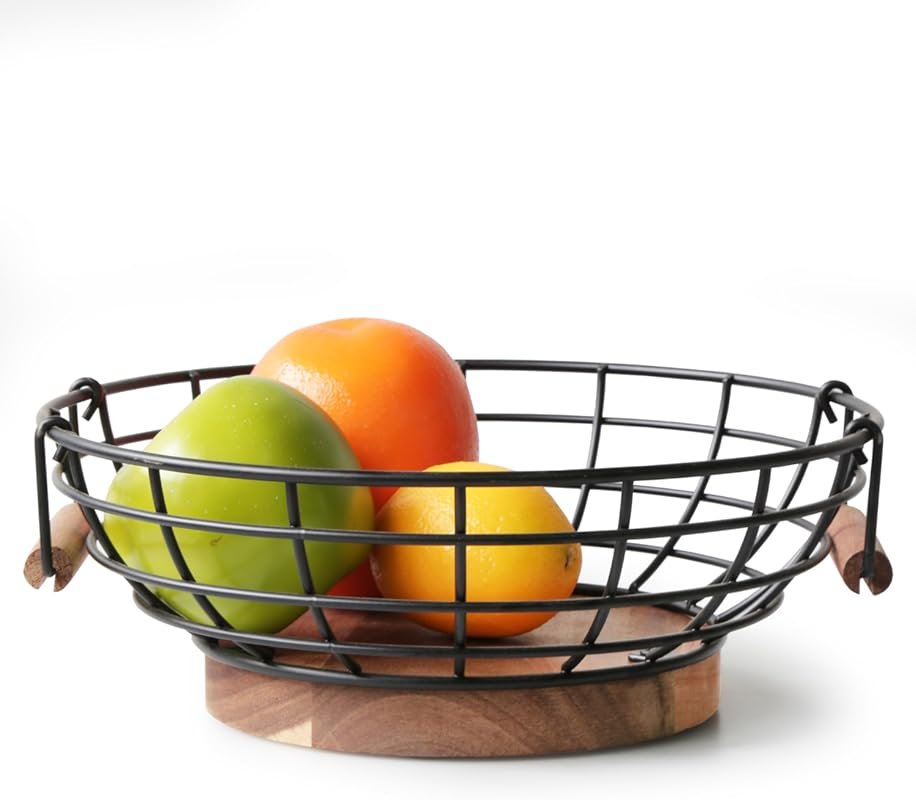 Black Wire Fruit Basket with Acacia Wood Base – Large Countertop Bowl 