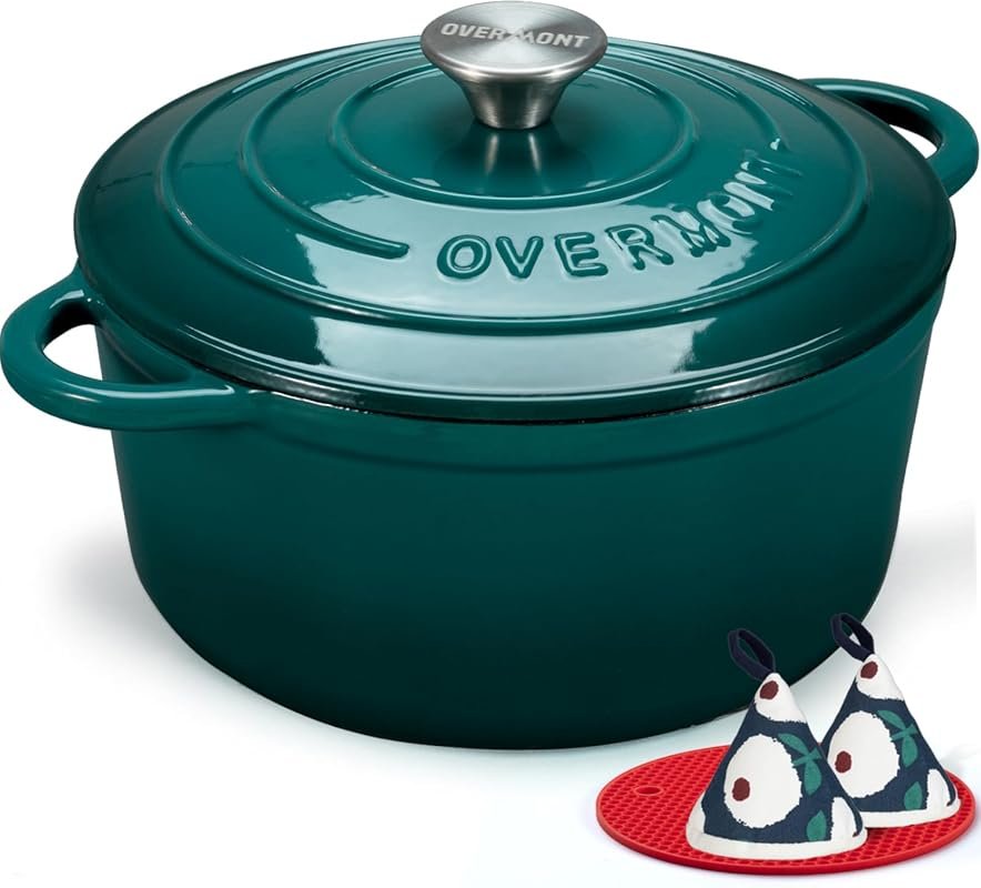 Overmont 5.5QT Enameled Cast Iron Dutch Oven with Lid, Cookbook & Poth