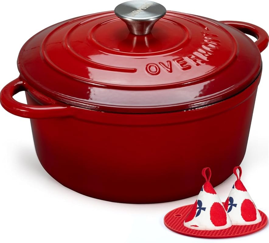 Overmont 7QT Enameled Cast Iron Dutch Oven with Lid, Cookbook & Pothol