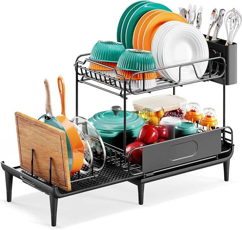 Expandable 2-tier dish drying rack with removable cutlery holder