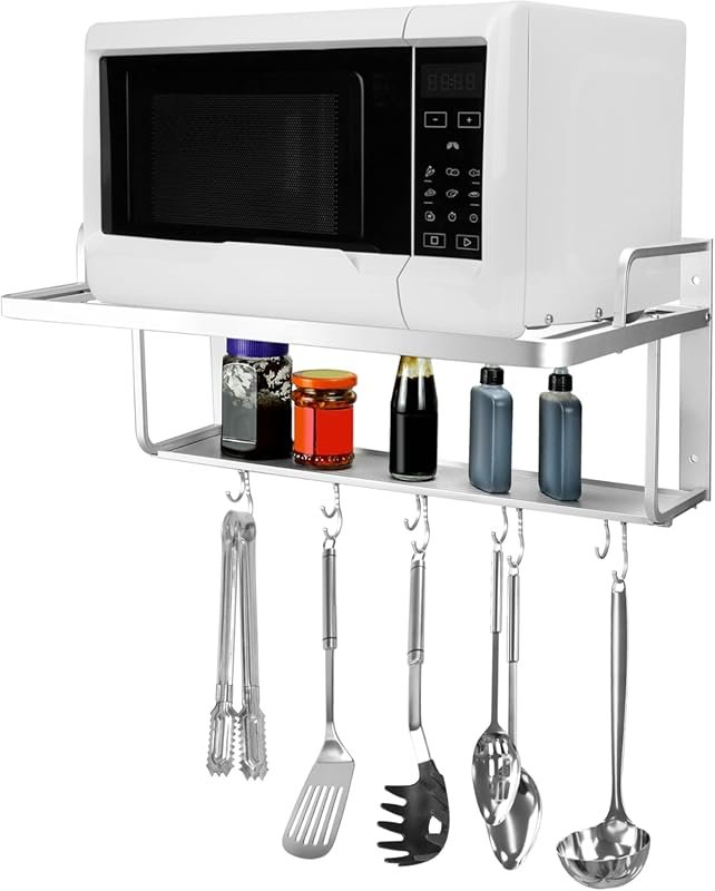 QWORK Double-Layer Wall Mount Microwave Rack – Aluminum Spice Shelf wi