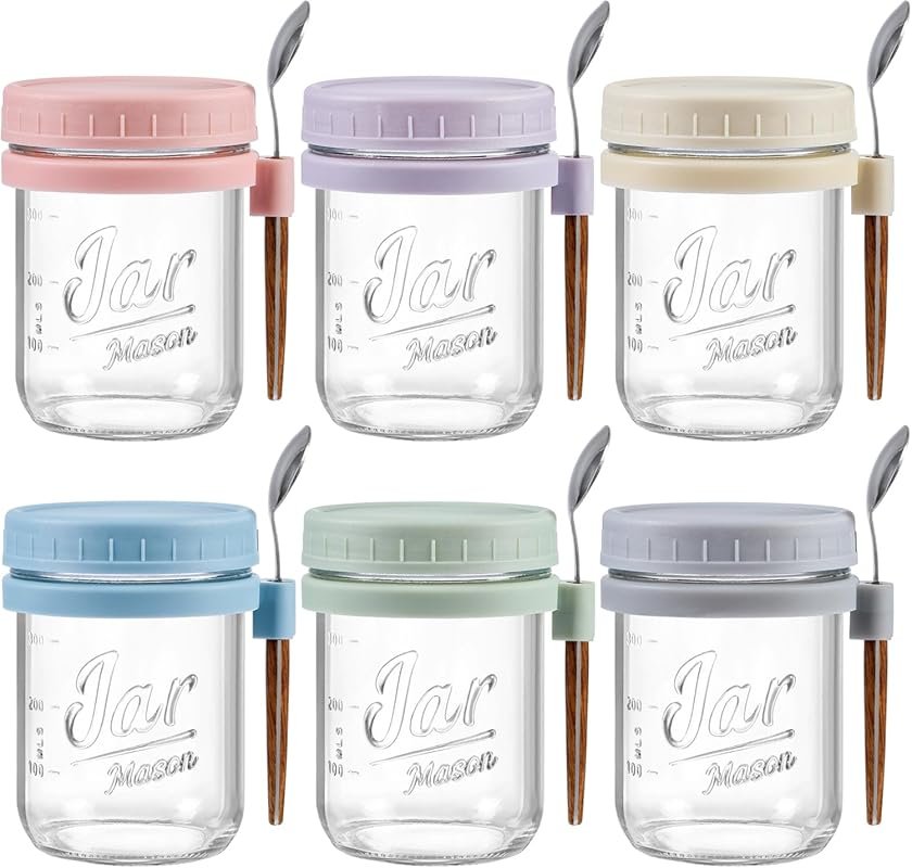 6 Pack Overnight Oats Containers with Lids and Spoons, 16 oz Glass Mas