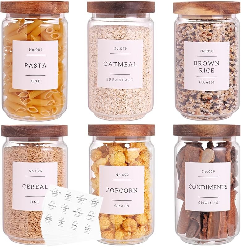 6 Pack Glass Pantry Storage Jars with Acacia Wood Lids – 23oz Thick-Wa