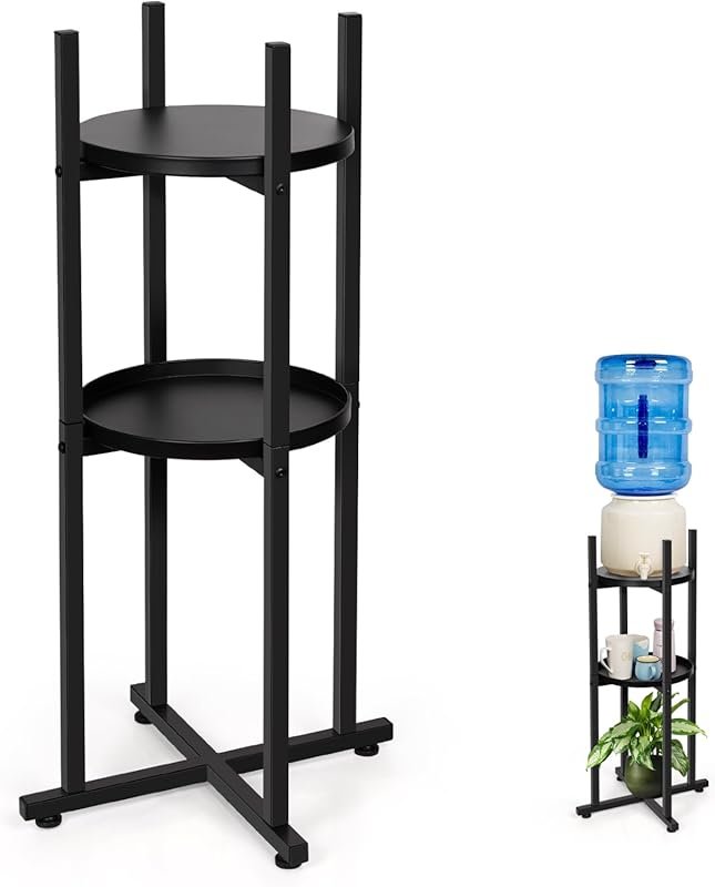 Sturdy 5 Gallon Water Jug Stand with 2 Round Shelves for Bottles & Pla