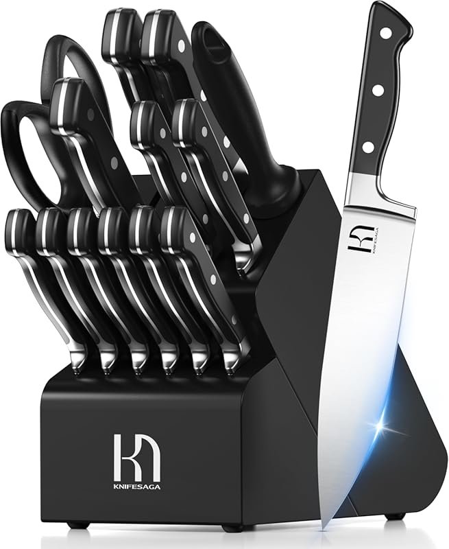 KnifeSaga 15-Piece Kitchen Knife Block Set – Razor-Sharp Japanese High