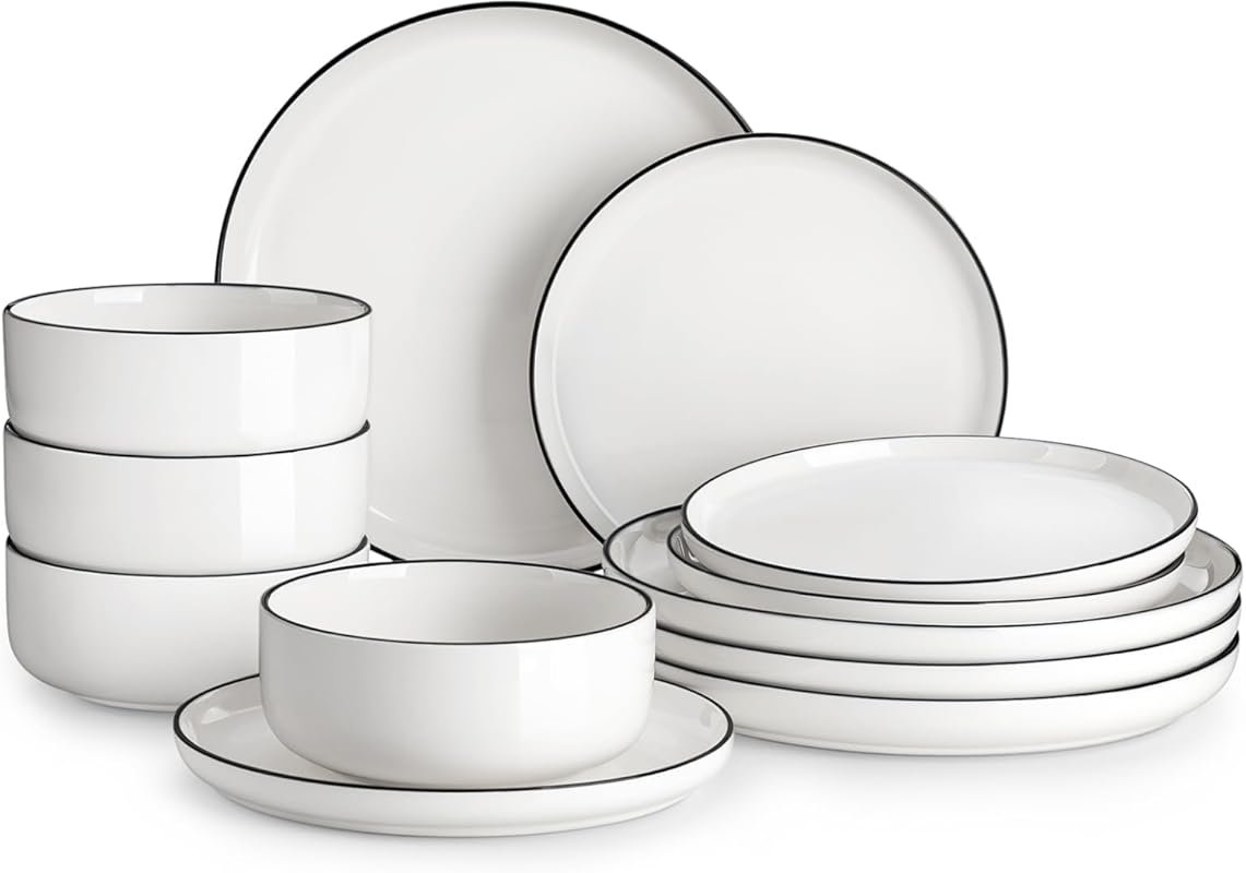 MALACASA Luna Series 12-Piece Modern Porcelain Dinnerware Set with Bla