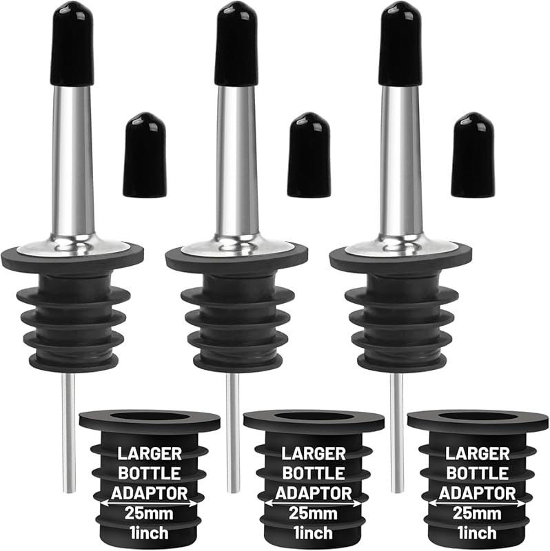 3 Pack Stainless Steel Liquor Pour Spouts with 6 Caps & Adapters for L