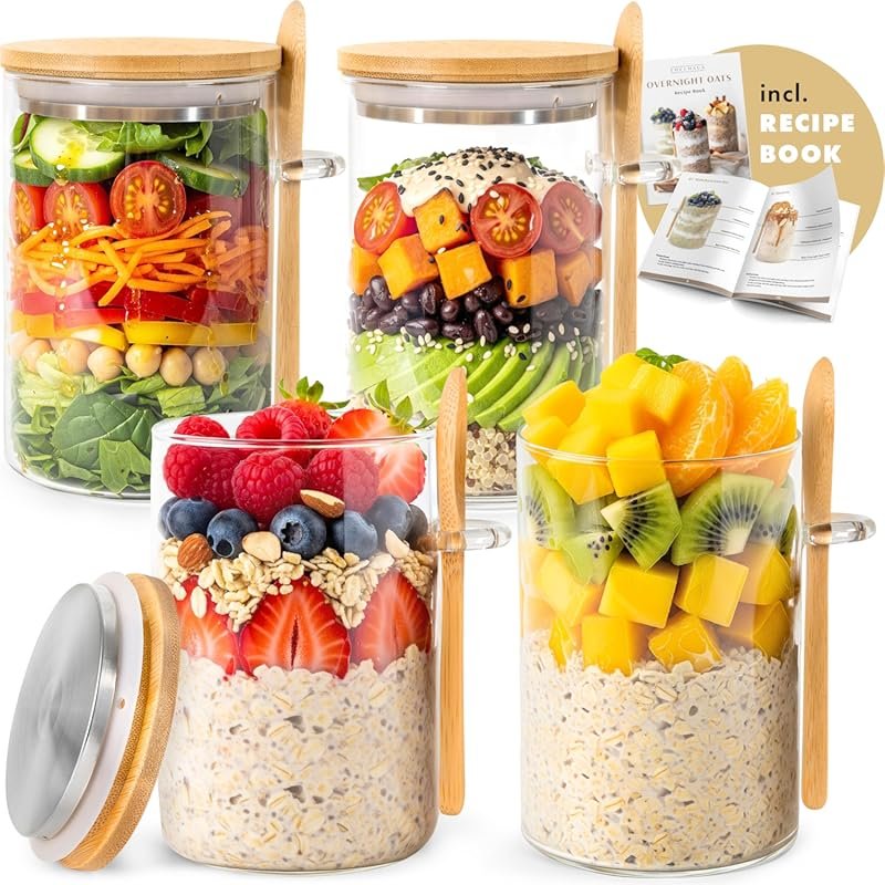 Overnight Oats Containers with Lids Labels & Spoons (4x16oz), Thick 3m