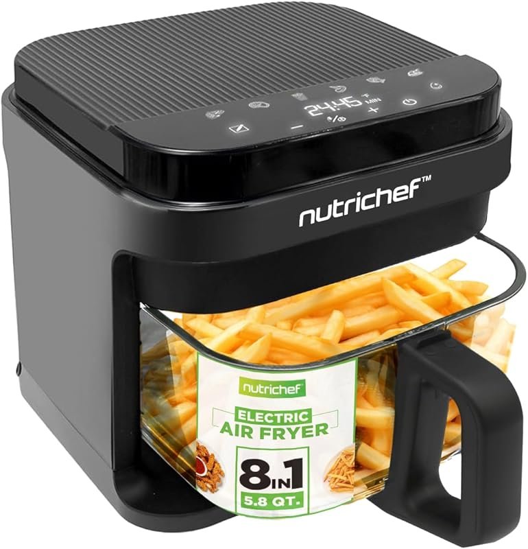 Nutrichef 5.8 Quart Air Fryer, 8 Preset Modes, Transparent Fry Bowl, G