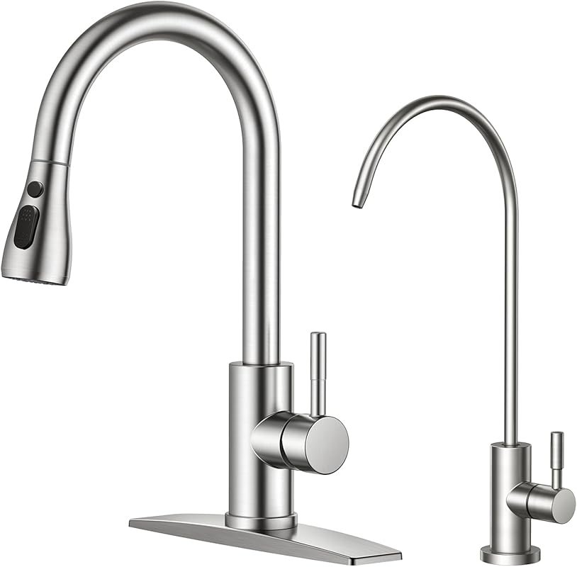 FORIOUS Brushed Nickel Kitchen Faucet and Purified Water Filter Combo 