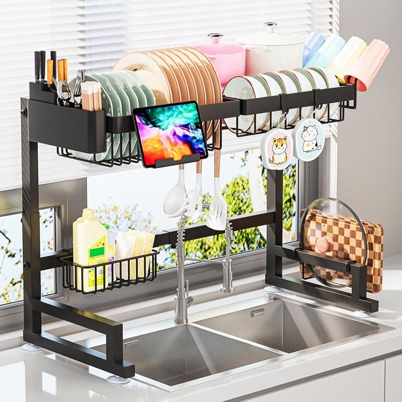 ADBIU Snap-On 2-Tier Expandable Over Sink Dish Rack, Adjustable Height