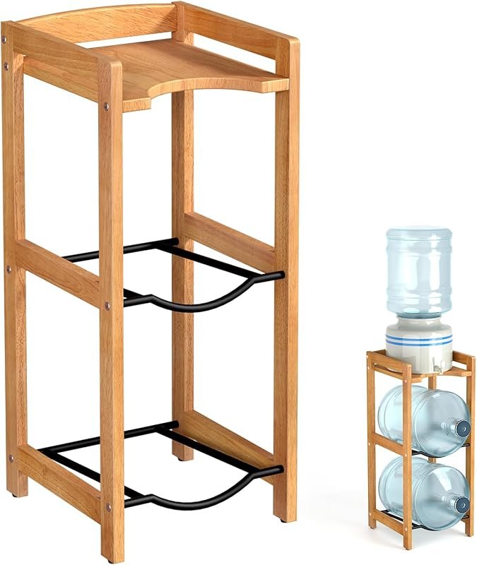 5 Gallon Water Jug Holder with Top Shelf, 3-Tier Natural Wood Stand