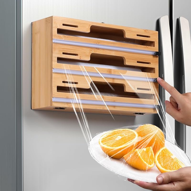Allinside Magnetic Wrap Dispenser with Cutter – 3-in-1 Bamboo Wood Ref