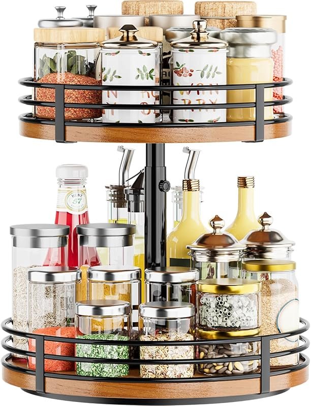 Adjustable 2-Tier Wood Lazy Susan Spice Rack 12