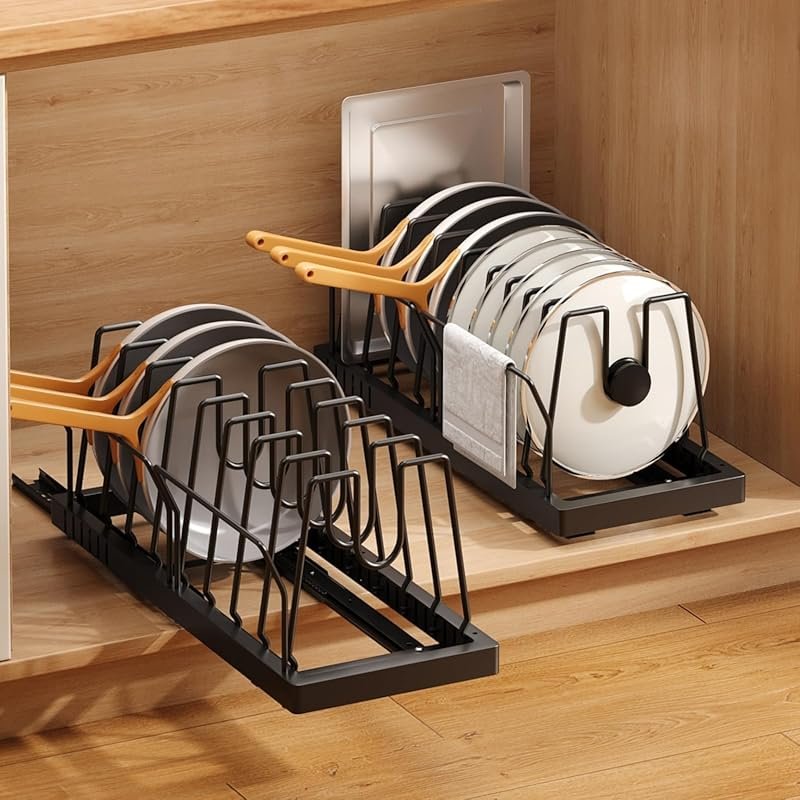 Under-cabinet pot lid holder with guardrail and 10 adjustable dividers