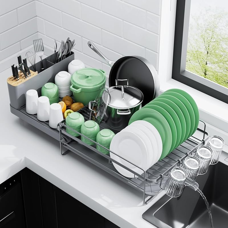 Kitsure Extendable Large Dish Drying Rack with Cutlery & Cup Holders, 