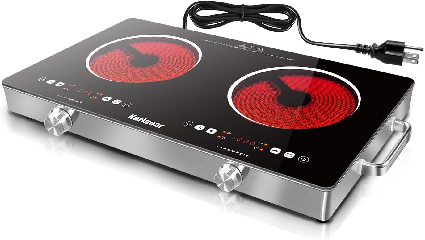 Karinear 2000W Ceramic Electric Cooktop, 2-Burner Portable Stove, 9 Po