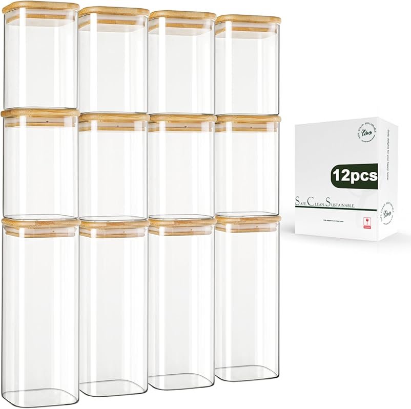 LIBWYS 12-Pack Square Glass Jars with Bamboo Lids, Stackable Food Stor