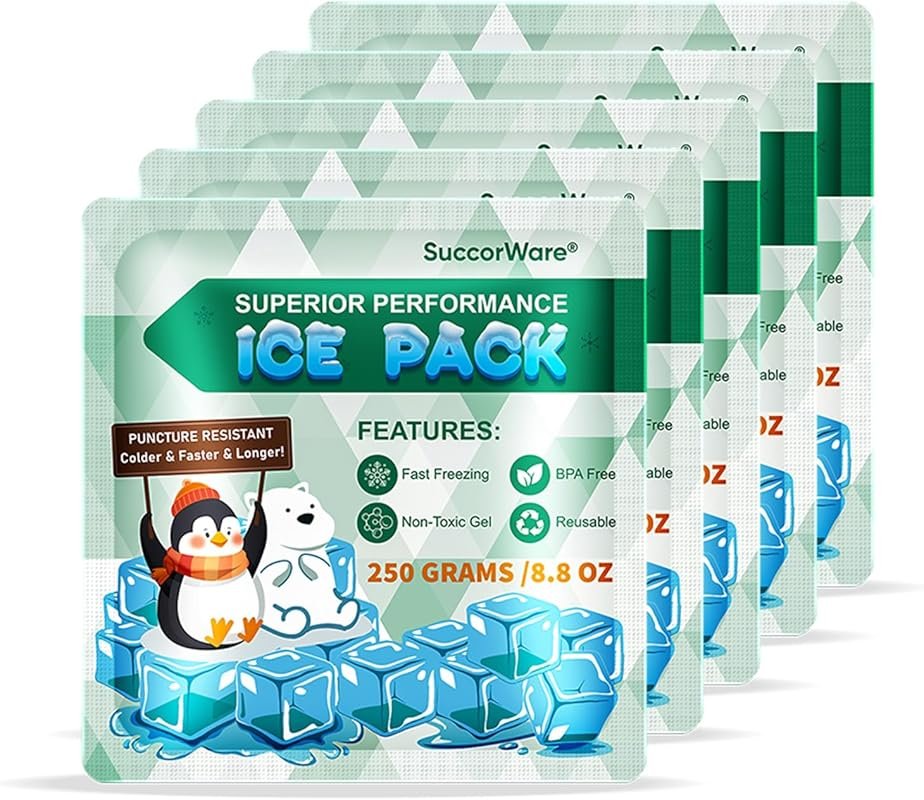 SuccorWare 5-Pack Reusable Ice Packs, 12+ Hour Cooling for Camping, Be