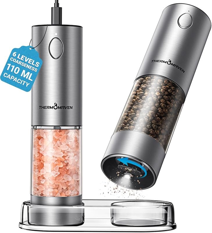 ThermoMaven Rechargeable Electric Salt and Pepper Grinder Set with LED