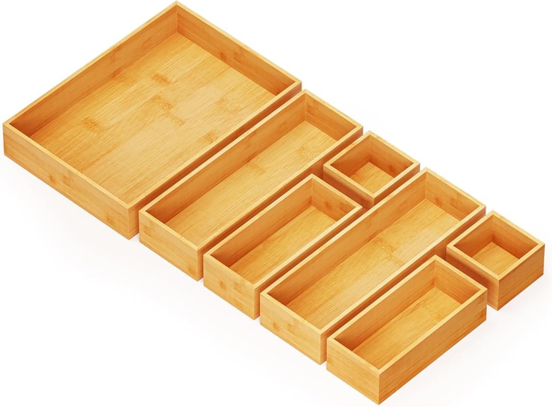 SpaceAid 7-Piece Bamboo Drawer Organizer Set, Multi-Use Wood Tray Bins