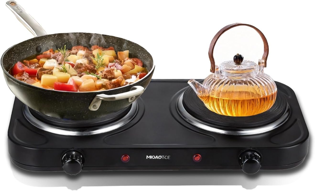 Double Cast Iron Burner, 1800W Electric Hot Plate with Adjustable Temp