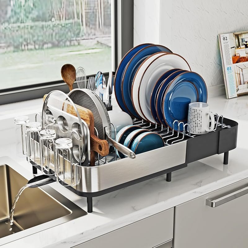 Versatile expandable stainless steel dish drying rack with pot & pan b
