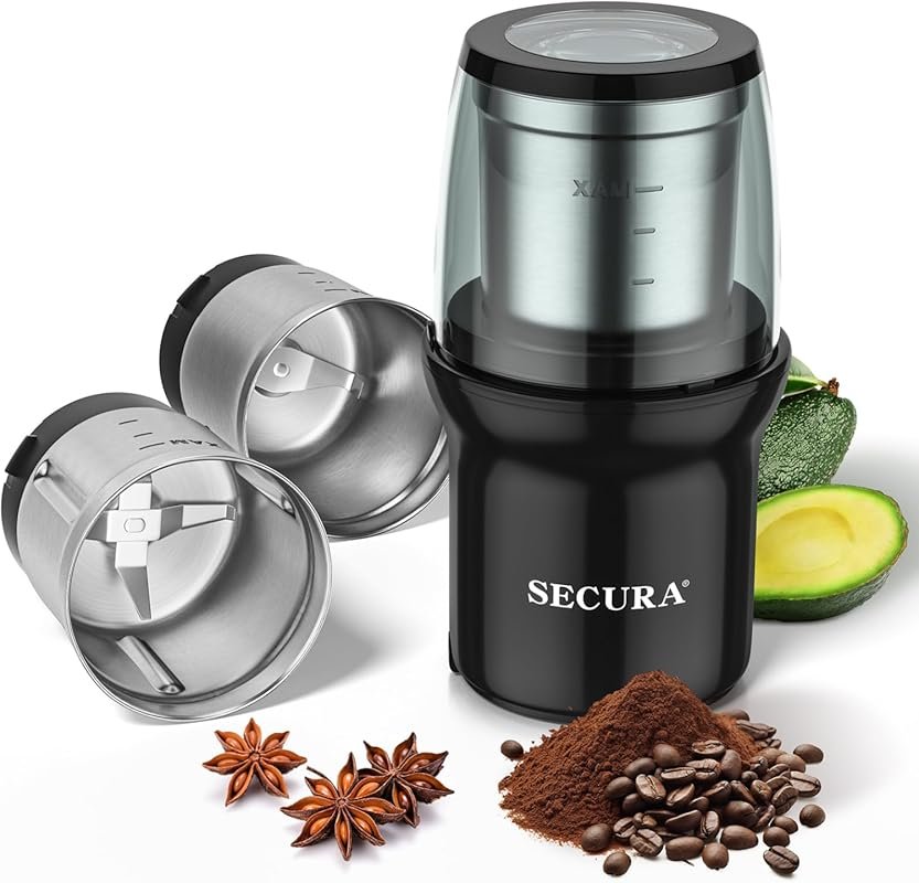 Secura Electric Grinder with Stainless Steel Blades & 2 Removable Bowl