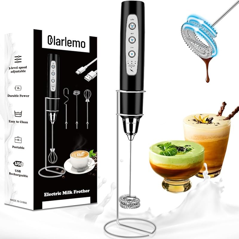 Colarlemo Rechargeable Milk Frother Wand with Stand & 3 Stainless Whis