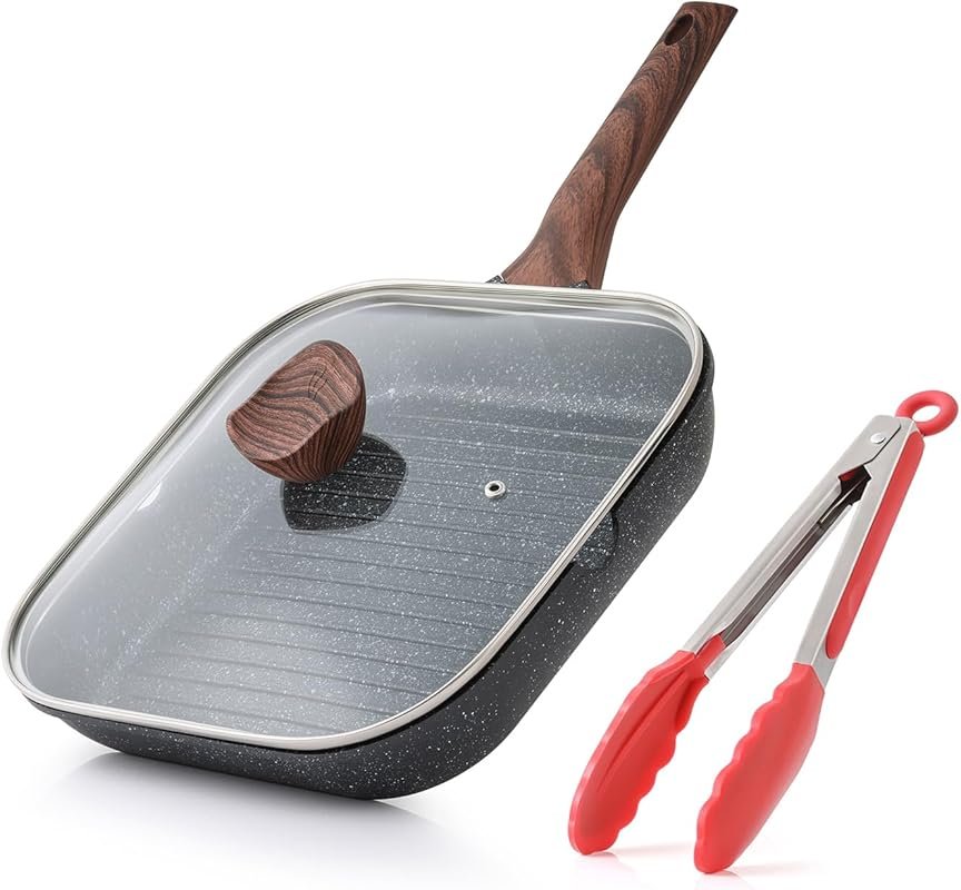 Kordisen 11-Inch Nonstick Square Grill Pan with Lid, Granite Coating, 
