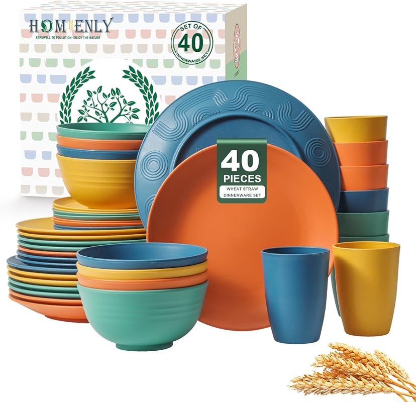 Homienly 40-Piece Unbreakable Wheat Straw Dinnerware Set for 8, Dishwa