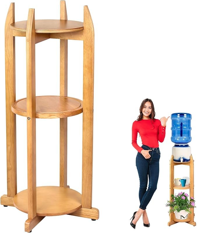 Natural Solid Wood Water Dispenser Stand with 3 Shelves for 5 Gallon J