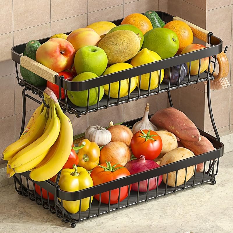 Sevenblue 2-Tier Detachable Metal Fruit Bowl with Mobile Banana Hanger