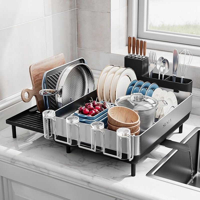 Expandable 304 stainless steel dish drying rack with flip-up pegs