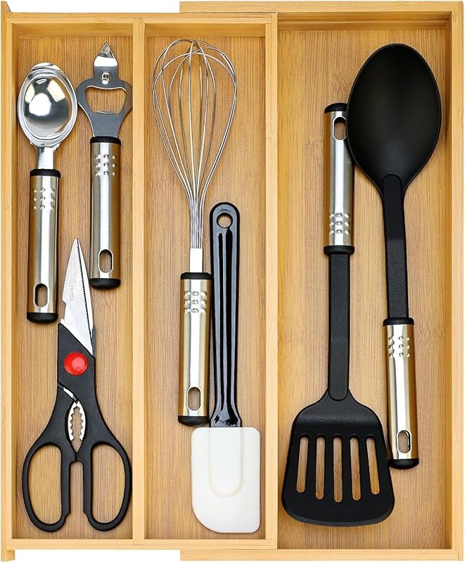 Large Expandable Bamboo Silverware Drawer Organizer Tray, Wooden Cutle