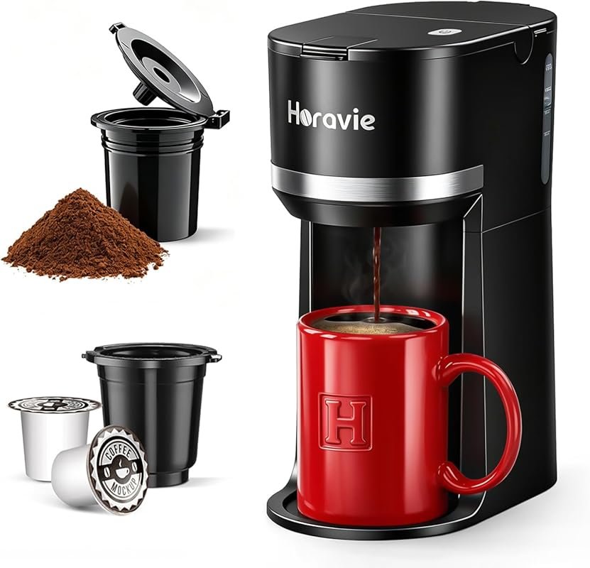 Horavie Small Single Serve Coffee Maker for K-Cup & Grounds, Fast One-